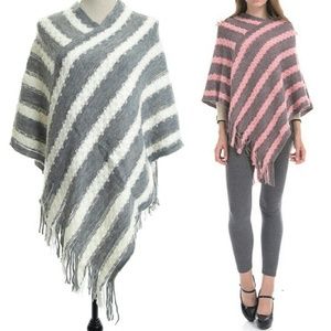 Retro Stripes & Fringe Sweater Poncho White & Gray