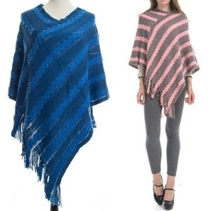 Retro Stripes & Fringe Sweater Poncho - Royal Blue