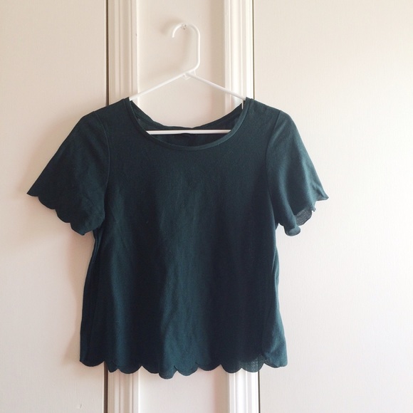 Topshop Tops - Topshop Dark Green Scalloped Crop Tee