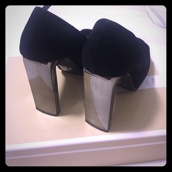 Black suede platforms with pewter heels - Picture 2 of 4