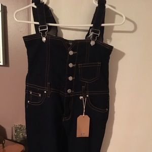 Long blue jeans overalls, fitted  and new