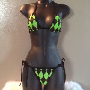 Lime Green and Black Harlequin Pattern Bikini Set