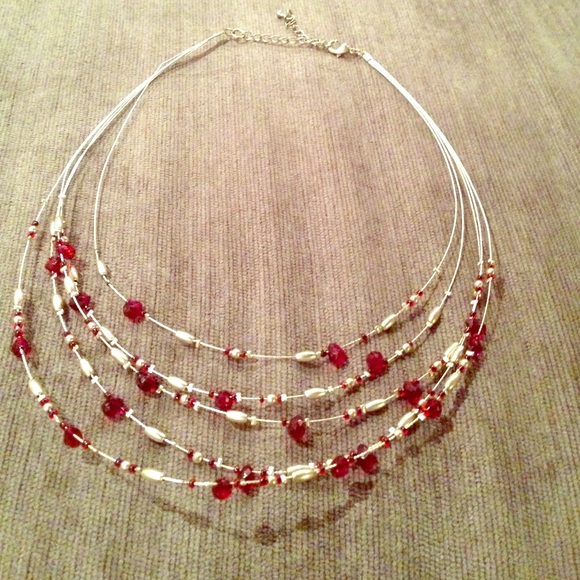 Red and silver layered choker