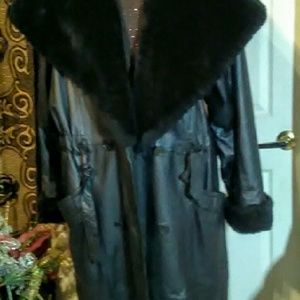 Black leather boot length large collar hood coat