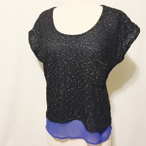 Aqua Tops - Aqua Black & Blue Chiffon & Knit Overlay Top Aqua Tops - Aqua Black & Blue Chiffon & Knit Overlay Top