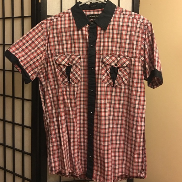 Plaid short sleeve button down shirt.