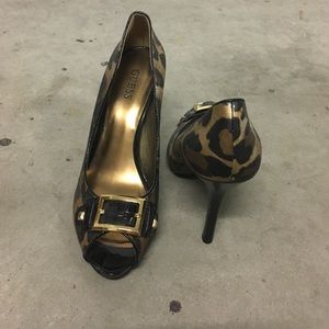 Leopard print peep toe pumps