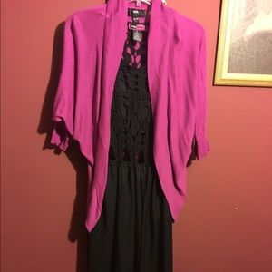 Long black dress 👗 with a pink cardigan.