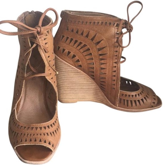 Tan brown laser cut lace up sandals wedges