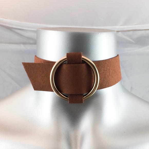 NW CAMEL FAUX SUEDE GOLD RING BELT CHOKER NECKLACE