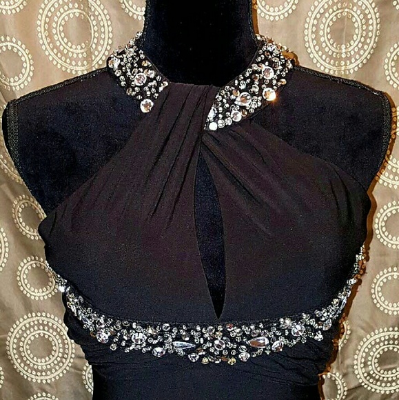 Black jeweled halter top gown