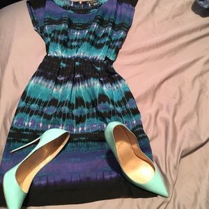 Teal/Aqua, Black and Indigo multi colored dress