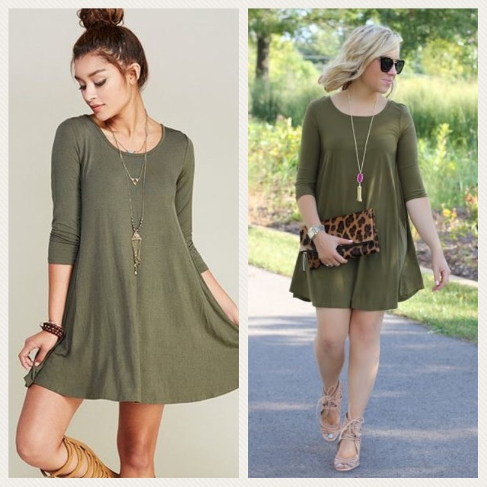 💥LAST 1💥Lg Sleeve Army Green Trapeze Shift Dress - Picture 3 of 4