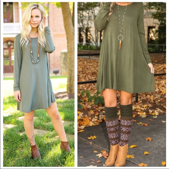 💥LAST 1💥Lg Sleeve Army Green Trapeze Shift Dress - Picture 2 of 4