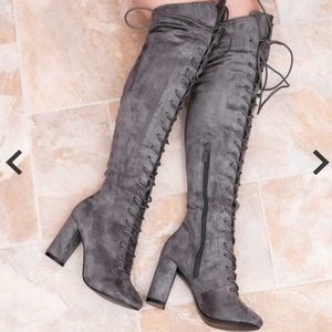 Lace Up Block Heel Over Knee Suede Boots