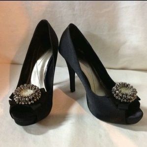 Black Satin Peep Toe Stiletto Pump