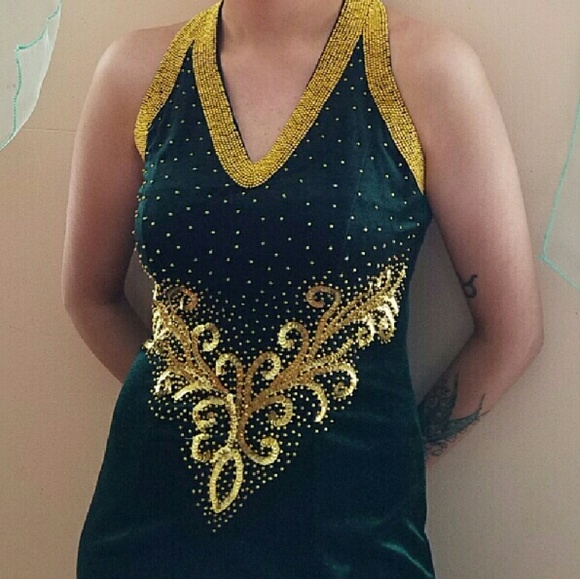 MEDIUM Vintage Formal Prom Green Gold  Dress