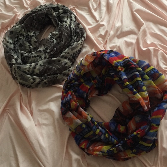 Two infinity tribal print scarves