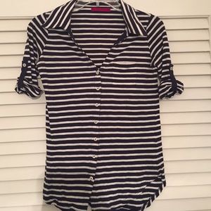 Velvet Navy and White Striped Button Down Top