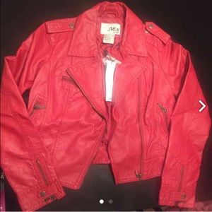 red faux leather jacket