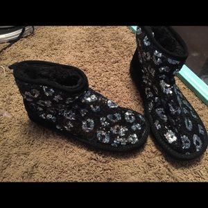 PINK sequin slippers.