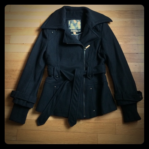 Kensie Belted Black Wool Coat w Stud Detail