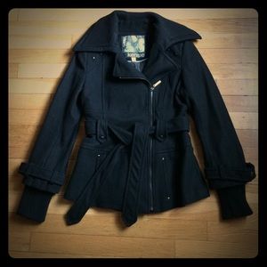 Kensie Belted Black Wool Coat w Stud Detail