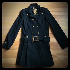Guess Black Wool Military Coat w Gold Detail