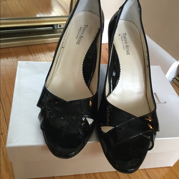 Black Patent Taryn Rose Peep Toe Wedge Heels