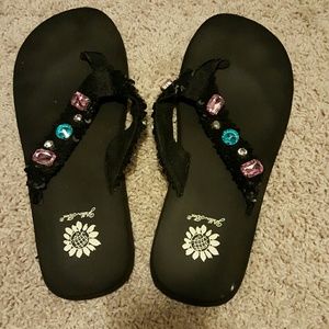 Yellow box rhinestone and sequin flip flops