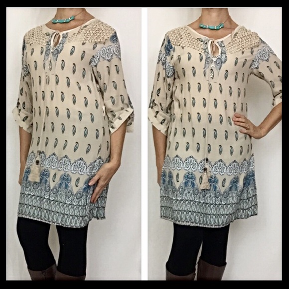 Paisley Lace Tassel Tunic Top Dress Jr M - Picture 2 of 4