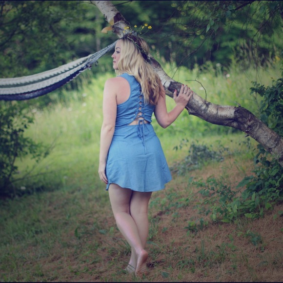 Chambray Mini Dress With Lace Up Back For Fall