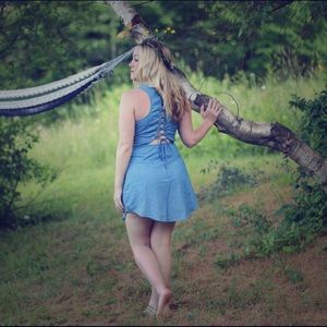 Chambray Mini Dress With Lace Up Back For Fall