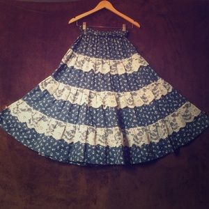 Blue Cotton White Lace Tiered Country Skirt