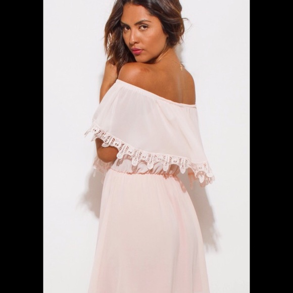Romantic Boho Off Shoulder Mini Dress Crochet Trim - Picture 2 of 4