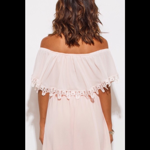 Romantic Boho Off Shoulder Mini Dress Crochet Trim - Picture 3 of 4