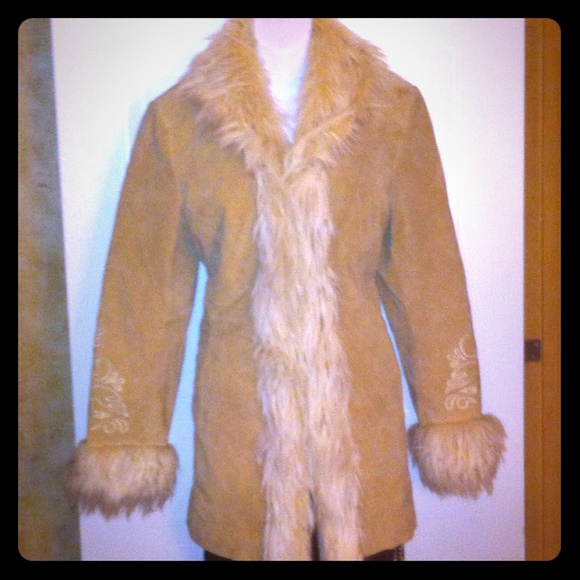 'Genuine Leather w Faux Fur Trim' Long Coat