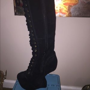 Knee High Black Suede Moon Heel Boots