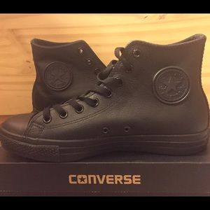 All star black leather high top converse chucks