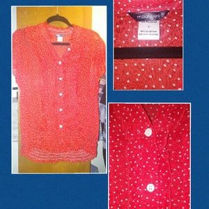 Maurice's Red button up sheer top w/polka dots