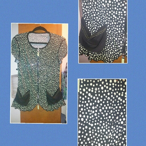Black, green, & sparkly zip-up blouse w/pockets - Picture 1 of 3