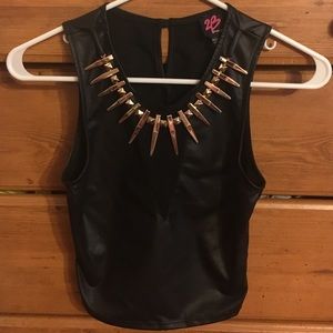 Faux leather Bebe crop top w/ gold spike neckline