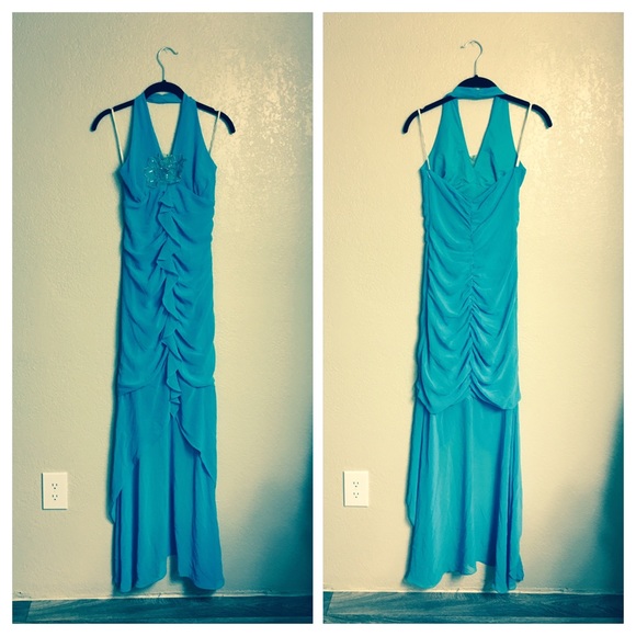Turquoise Hi-Low Halter Dress with Shawl (XS)