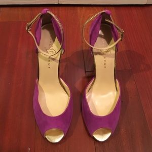 Ivanka Trump fuchsia & gold peep toe heels.