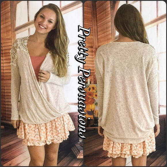 Beige Crochet Draped V-Neck Knit Top - Picture 2 of 4