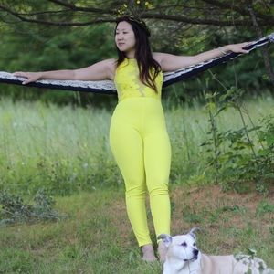 😍Yellow Bodycon Playsuit with Floral Mesh Bodice