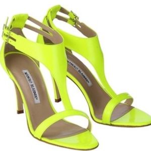 Manolo Blahnik neon yellow T-strap heels