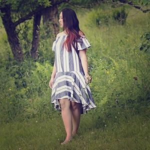 🌹Vertical Stripe Off Shoulder Chambray Dress