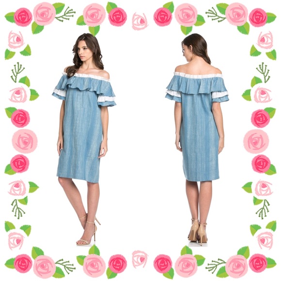 🌻 Chambray Midi Shift Dress with Off The Shoulder