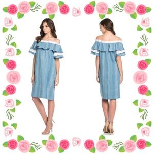 🌻 Chambray Midi Shift Dress with Off The Shoulder